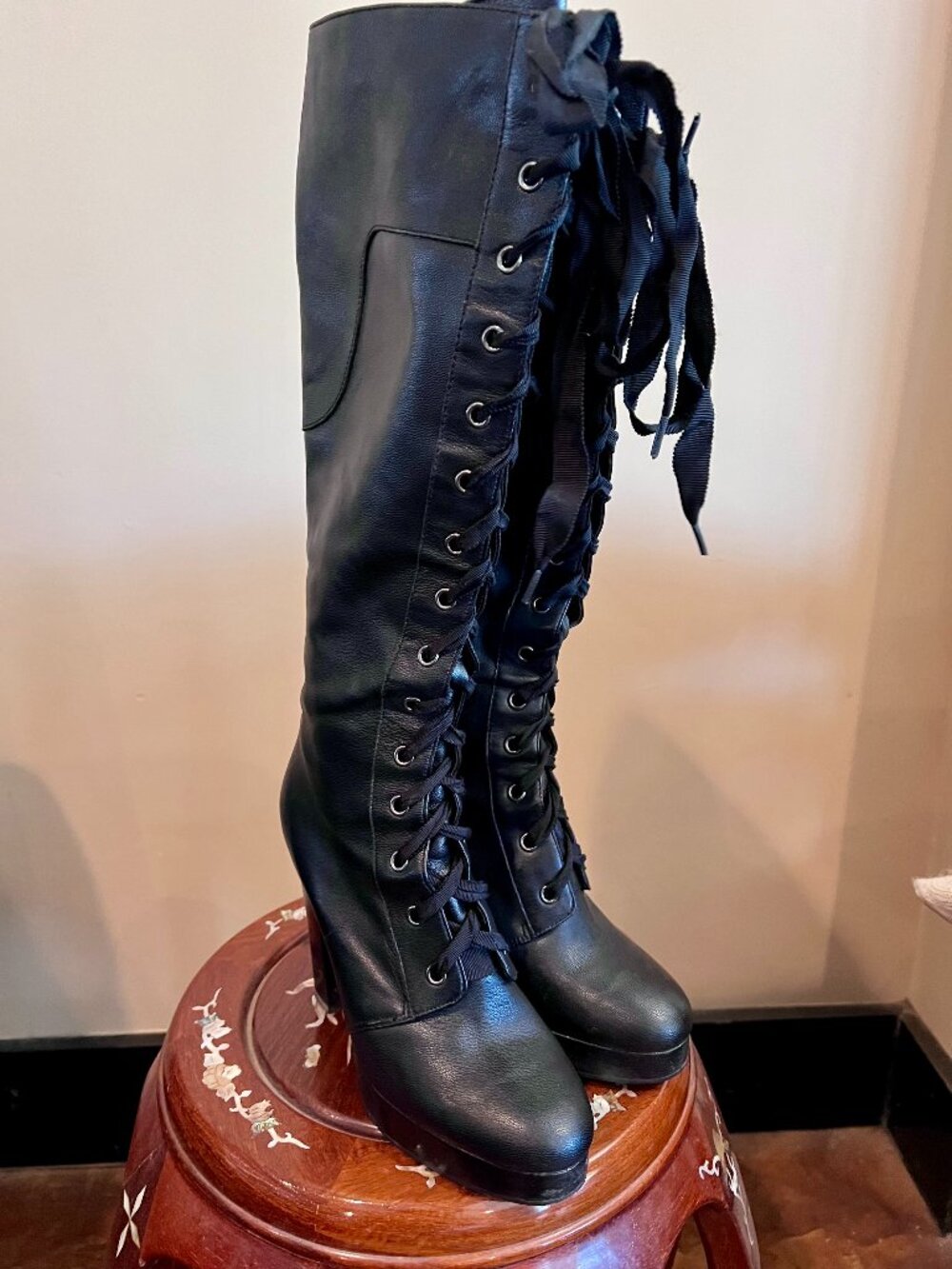 Colin Stuart Black Leather Tall High Heel Boots Women's 7